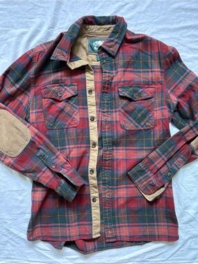 Roots Red and Green Plaid Button-Down Shirt Jacket with Tan Trim